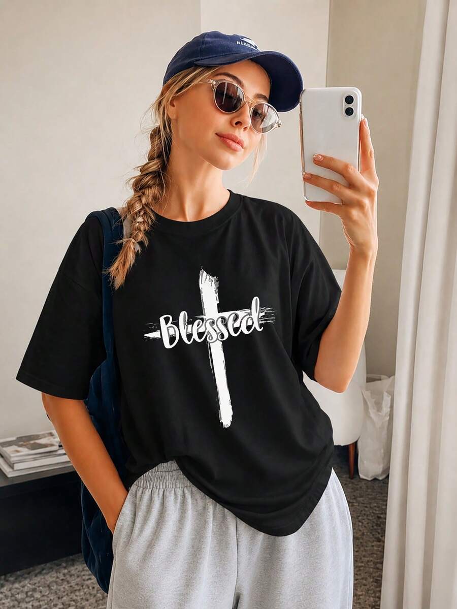 Weiches, bedrucktes T-Shirt aus reiner Baumwolle für Damen, lässiges Sommer-Basic-Top, atmungsaktiv, Rundhalsausschnitt, Kurzarm, Schwarz/Weiß - Schwarz - Übersicht 1