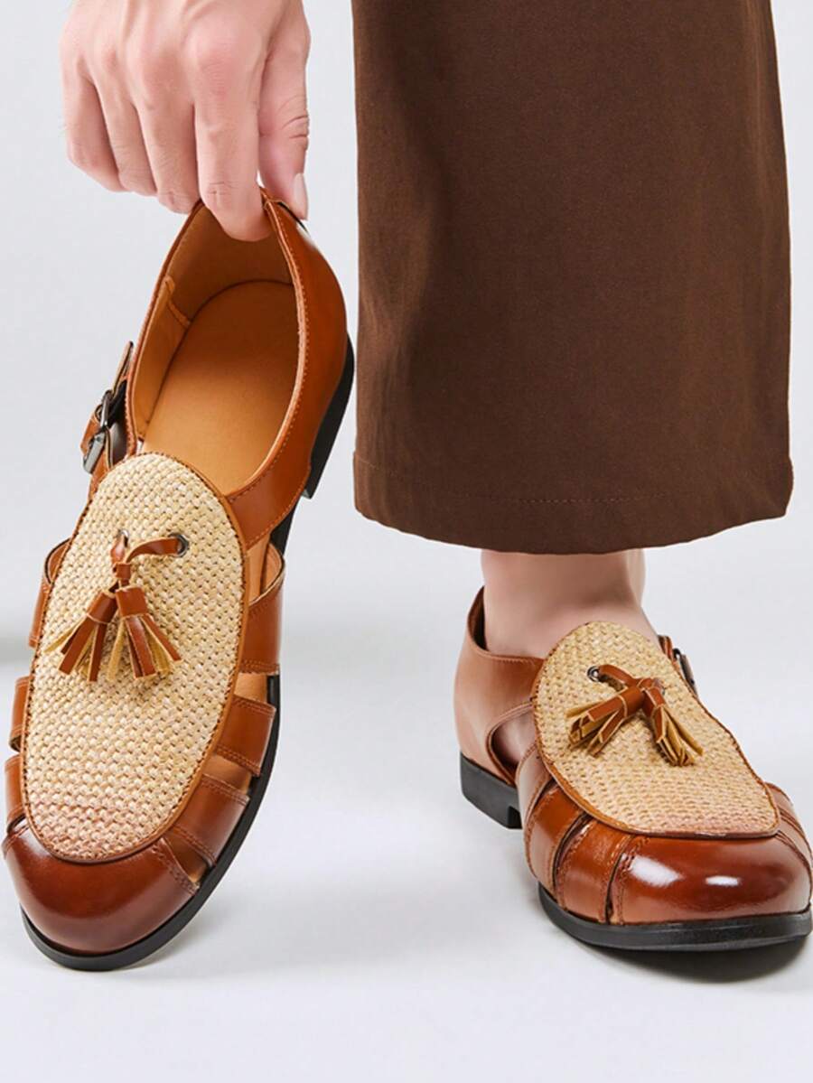 Men's Woven Tassel Roman Sandals With Adjustable Buckle, Hollow Upper, Flat Sole, Summer Casual Dress Shoes, Vintage Brown, Commuter Casual Formal Shoes