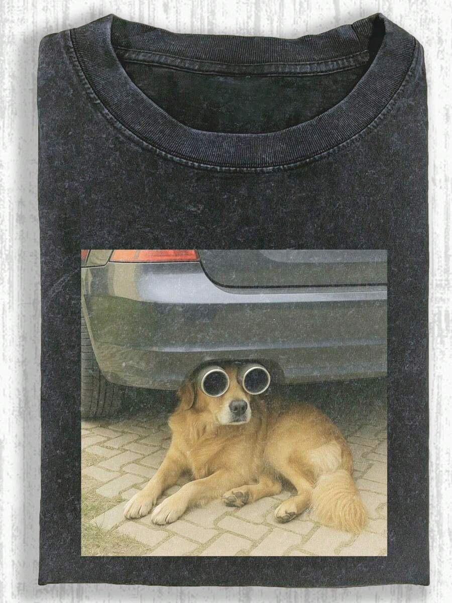 Washable And Sun-Dried Dog Print T-Shirt, High-Quality Vintage Batik Fashion Brand T-Shirt, Men's T-Shirt, Popular T-Shirt For Everyday Wear, Holiday Gift - 黑色 - 查看 1
