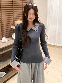 Y6Y Sweater Rajut Lengan Panjang Patchwork Blok Warna Musim Semi Wanita, Atasan Lapisan Dalam 2 In 1 dengan Kerah Niche - Grey - View 5