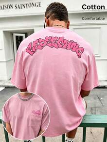Geripptes, farblich abgesetztes Herren-T-Shirt aus 100% Baumwolle mit markantem Schneeflocken-Stil-Schriftzug-Muster und Taschendesign - Hellrosa - Übersicht 4