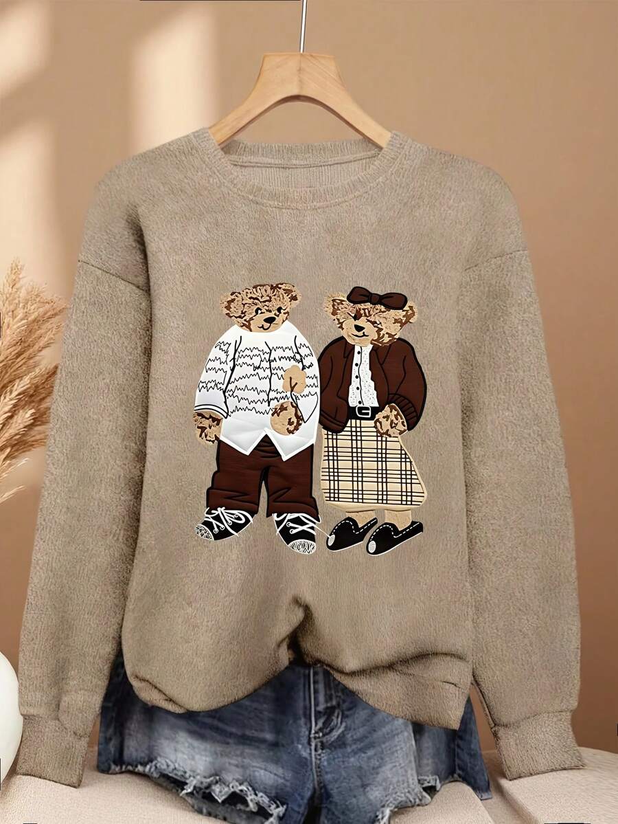 Pullover Wanita Ukuran Besar, Motif Beruang, Atasan Rajut Nyaman dengan Leher Bulat dan Bahu Jatuh Panjang, Cocok untuk Pakaian Musim Gugur/Musim Dingin - Unta - View 1