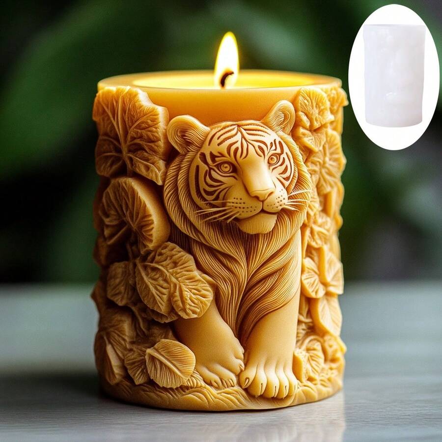 SUPWANPENG Cute Tiger Column Candle Silicone Mold Little Tiger Relief Column Candle Mold Branch Vine Tiger Resin Plaster Mold Decorative Holiday Gift - A-White - View 1