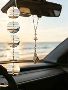1pc Bohemian Style Ocean Shell Starfish Pearl Car Rearview Mirror Hanging Ornament, 6 Styles Beach Theme Metal Car Interior Pendant, Vehicle Windshield Decoration - A - View 12