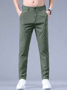 Men's Slim-Fit Straight Leg Casual Trousers With Embroidered Letter Pocket For Summer - 草綠色 - 查看 1