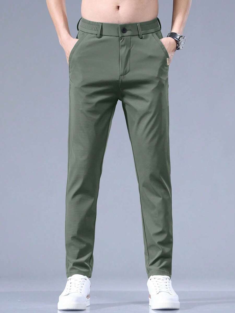 Men's Slim-Fit Straight Leg Casual Trousers With Embroidered Letter Pocket For Summer - 草綠色 - 查看 1