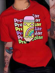 Women's Clothing. A Smiling Pencil With A Rainbow Symbolizes Creativity And Childlike Joy, Inspiring Optimism And Positive Energy. Women's T-Shirt, 100% Cotton, Comfortable Women's Shirts - 紅色 - 查看 1
