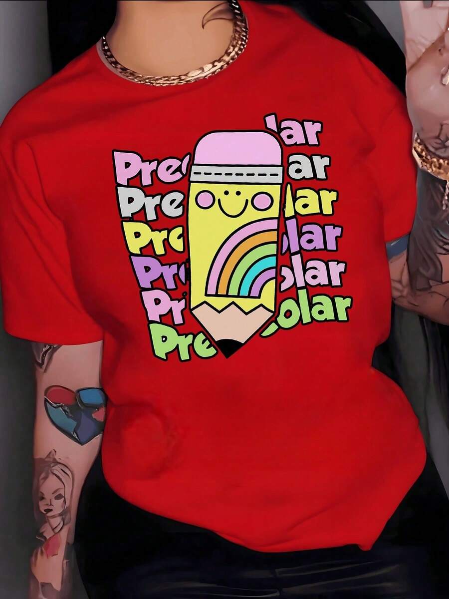 Women's Clothing. A Smiling Pencil With A Rainbow Symbolizes Creativity And Childlike Joy, Inspiring Optimism And Positive Energy. Women's T-Shirt, 100% Cotton, Comfortable Women's Shirts - 紅色 - 查看 1