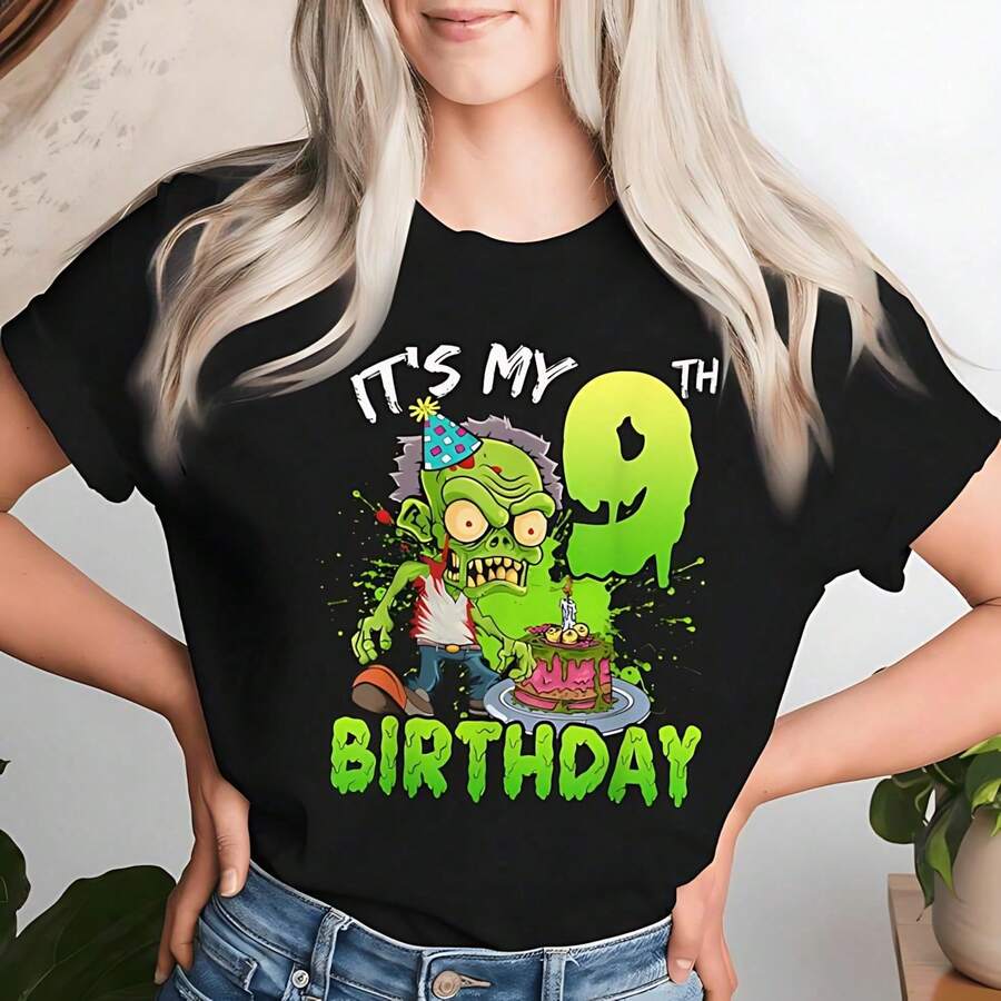 Casual Blouses For Women, "It's My Birthday" T-Shirt, Kaiju Dabbing Monster Lover For Kids, Girls And Women, Gifts For Her_1, Breathable Cotton T-Shirt, Y2k Top Mexico - 黑色 1 - 查看 1