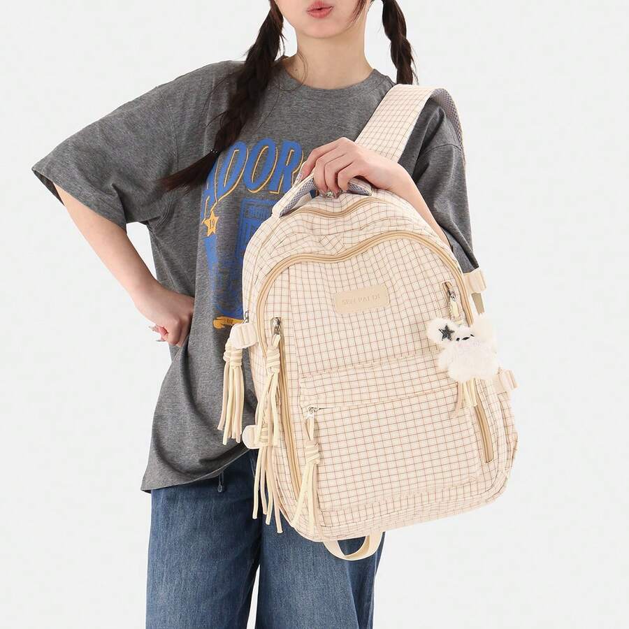 Fashionable New Lightweight Nylon Women's Backpack, Multi-Pocket Large Capacity Student School Bag, Laptop Backpack With Pendant - Yellow - View 1