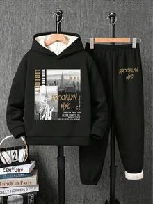 Tween Boy Architectural Pattern Print Warm Hoodie And Sweatpants - Black - View 1