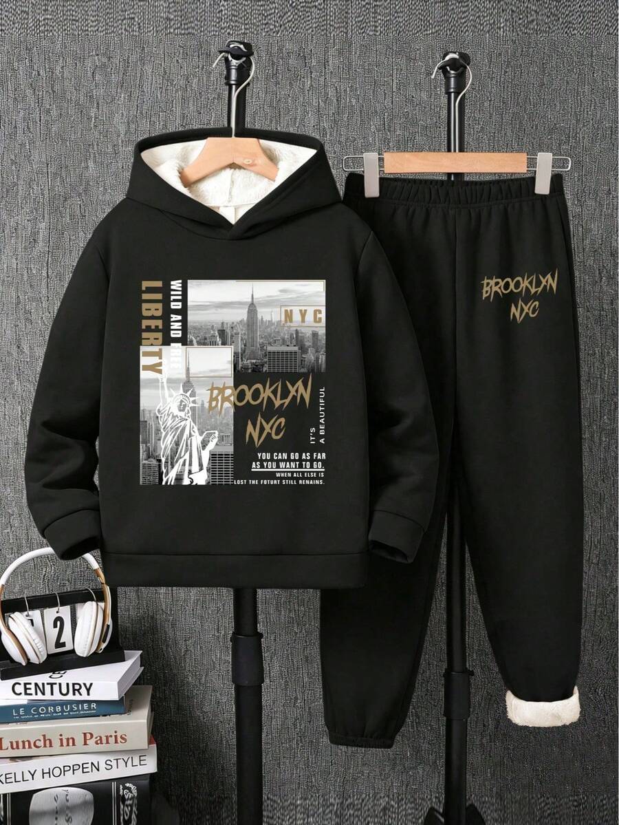 Tween Boy Architectural Pattern Print Warm Hoodie And Sweatpants - Black - View 1