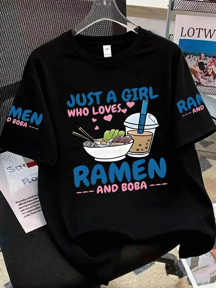 Teen Girls Short Sleeve T-Shirt With Beverage, Food And Slogan Prints, Casual Oversized Sporty Style Crew Neck T-Shirt, Perfect For Summer Gift, Suitable For School, Travel, Party And Street Style Wear (Teen Girls Clothing) - Black - View 1