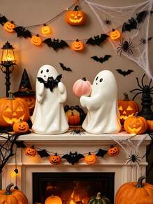 1 Set Bat Ghost Sculpture, Halloween BOO Ghost Decoration, Vintage Halloween Ghost Decor Ornament, Resin Ghost Desktop Craft Statue, Vintage Resin Ghost Figurine With Bat And Pumpkin, Collectible Halloween Decor Statue, Halloween Gift - A - View 6