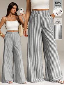 Pantalones rectos de cintura alta cómodos a rayas para mujer alta, primavera/verano - En blanco y negro - Ver 1