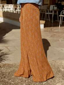 LuminousWealth Women's Bohemian Vacation Style Printed Wide Leg High Waist Casual Long Pants - Orange - View 7