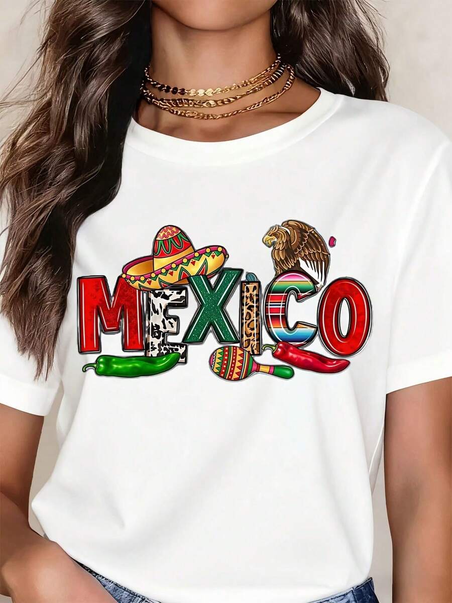 Camiseta de estilo casual con temática mexicana, diseño de sombrero y chile, ideal para el verano. Regalo perfecto para amantes de Estampado de letras - Blanco - Ver 1
