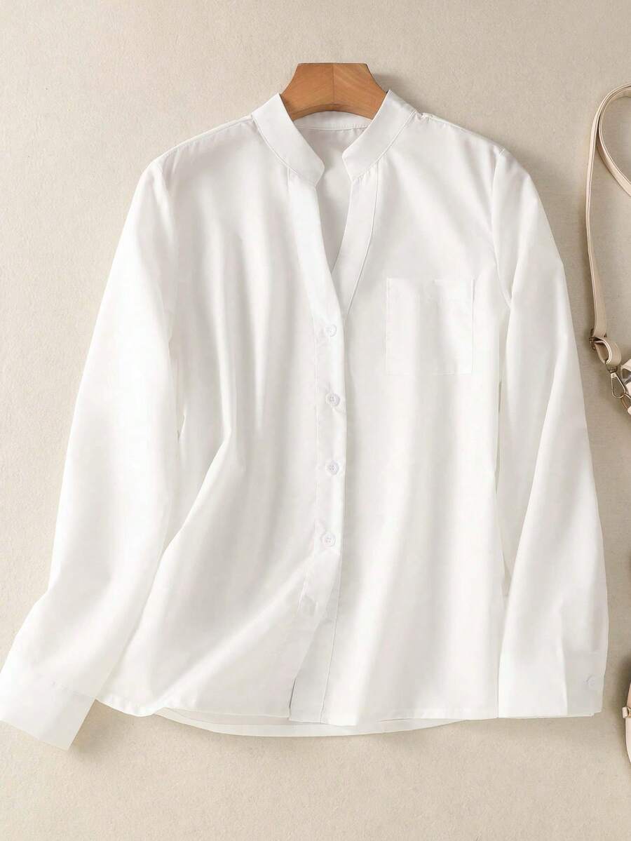 Camisa de mujer de unicolor con cuello en V y botones, blusa elegante casual de manga larga con bolsillo, esencial para uso diario, vacaciones, primavera, verano, otoño e invierno, color bla - Negro - Ver 1