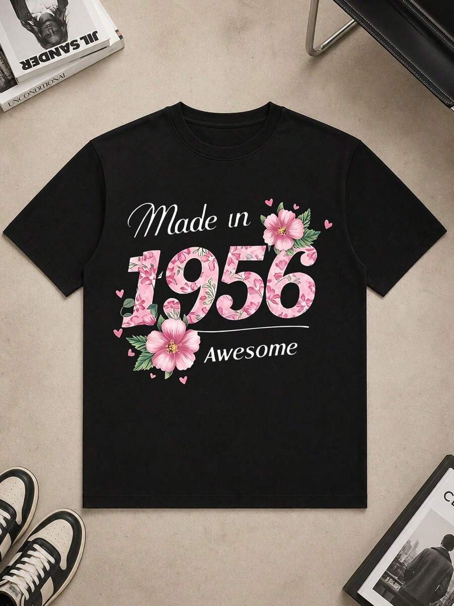 Camiseta de algodón para mujer, cuello redondo, manga corta, estampado floral en la parte delantera, estampado de números y letras, estilo casual holgado. - Negro - Ver 1