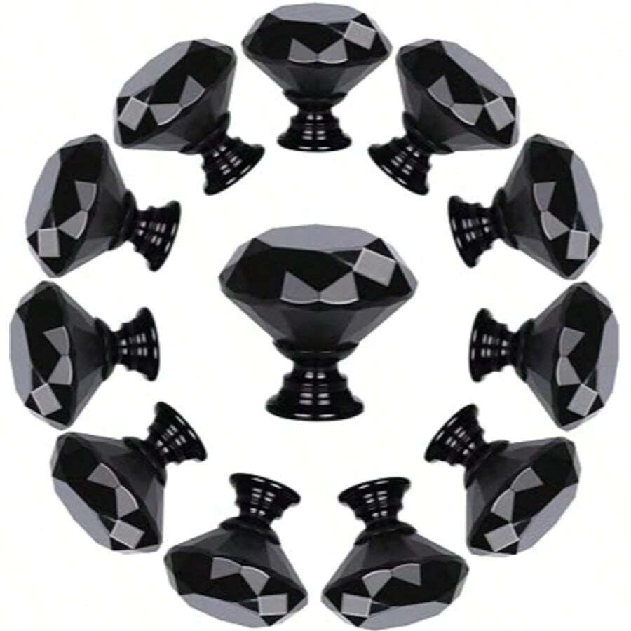 6/12 buah Tarikan Laci Logam Kristal Hitam - Gagang Pintu Kabinet Kaca dengan Sekrup (30mm, Hitam Semua) - 30mm - View 1