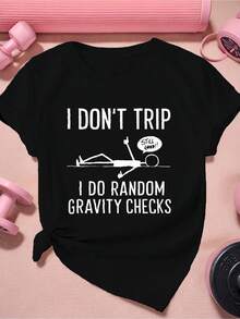 Camiseta de manga corta para mujer I DON'T TRIP Design |   Cuello redondo informal, corte regular, patrón geométrico - Negro - Ver 3
