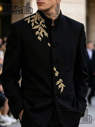 Chaqueta de traje negra para hombre con bordado floral dorado. Ideal para uso diario o ocasiones formales. Artist's Clothing | Chaqueta de corte ajustado