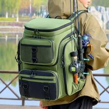 Mochila de pesca impermeable de gran capacidad con organizador de 18 compartimentos para aparejos, soporte para caña y respaldo transpirable para viajes al aire libre - Multicolor - Ver 6