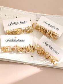 60/48/36/24/12pcs Fashion Minimalist Elegant Exquisite Vintage Design Geometric Ribbon Faux Pearl Square Cross Twisted Multi-Layer Heart Flower Hollow Embossed Textured Glossy Minimalist Plain Thick C-Hoop Earrings Set For Holiday Vacation Party Date Gift Daily Commute Wear - Yellow Gold - View 4