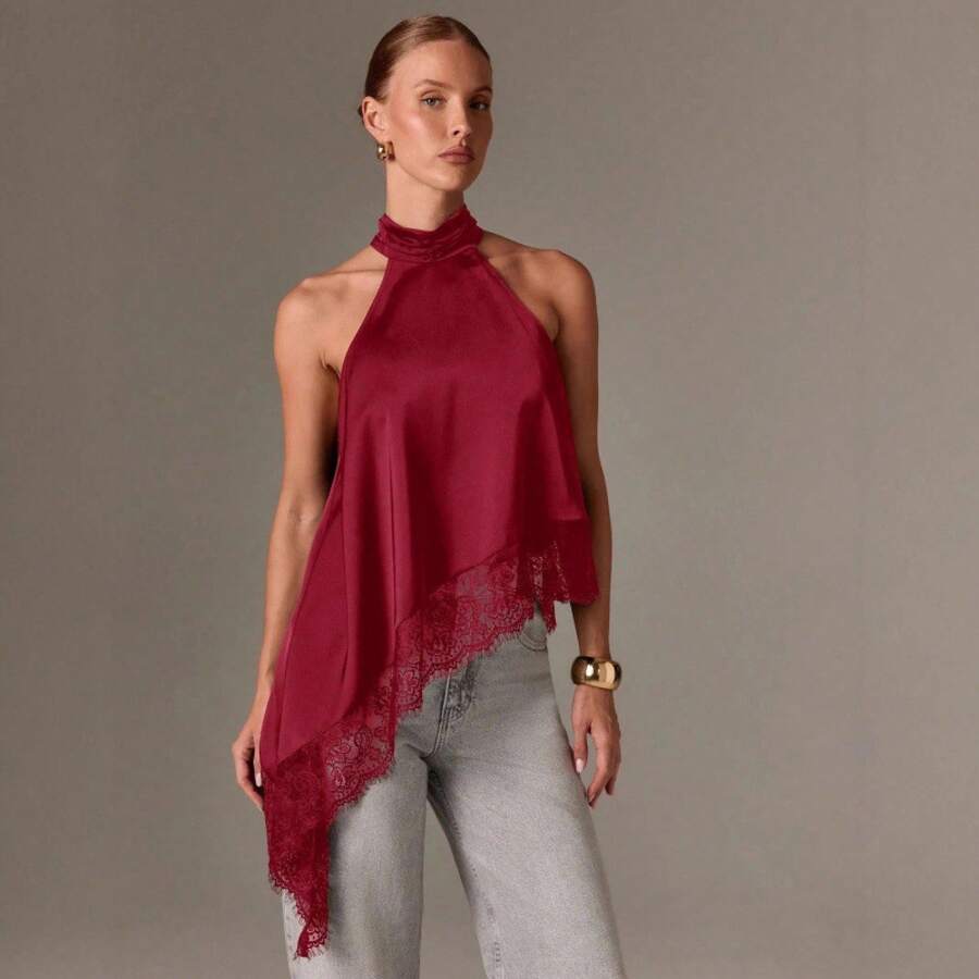 Top de satén con encaje de alta gama para mujer, estilo europeo y americano, diseño transfronterizo, patchwork asimétrico, cuello halter, top tipo vestido con hombros descubiertos. - Rojo - Ver 1