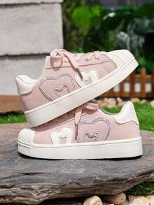 1 Pair Light Pink Colorblock Heart Design Girls' Skate Shoes, Breathable Low-Top Casual Sneakers For Students, Suitable For All Seasons - Pink - View 2