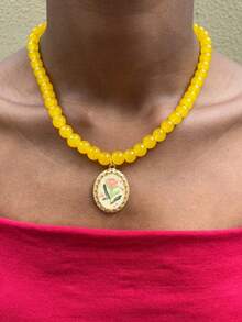 Kalung Manik-Manik Warna-warni Buatan Tangan DIY dengan Liontin Bunga Tetesan Minyak, Aksesoris Perhiasan Stainless Steel - Kalung Manik-manik - View 9