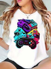 Camiseta con estampado de consola de juegos, camiseta de cuello redondo con estampado colorido de consola de juegos - 1 pieza, tejido de punto de poliéster, estiramiento medio, manga corta - Blanco - Ver 1