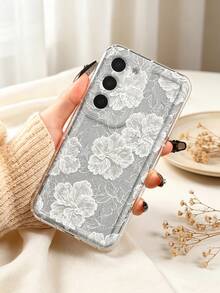 復古白色木槿花蕾絲紋理印花透明手機殼，相容 iPhone 13 15 16 17 Pro 17 14 17 Pro Max，相容 Galaxy/A54 A14 A15 S23 S24 S24 Ultra S25 A07 A17 S26 A57 - 彩色 - 查看 2