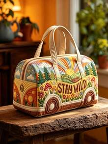 1件波希米亞復士圖案旅行包，印有自然風景與「STAY WILD」口號，充滿活力與自由感。寬敞的手提包設計，適合短途旅行、健身房或衣物收納。它是您探索世界的時尚伴侶，讓每一次旅程都充滿意義與活力。節日禮物的絕佳選擇 - 彩色 - 查看 2