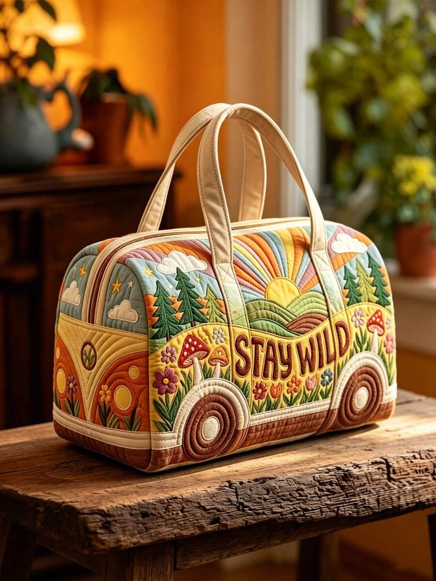 1件波希米亞復士圖案旅行包，印有自然風景與「STAY WILD」口號，充滿活力與自由感。寬敞的手提包設計，適合短途旅行、健身房或衣物收納。它是您探索世界的時尚伴侶，讓每一次旅程都充滿意義與活力。節日禮物的絕佳選擇