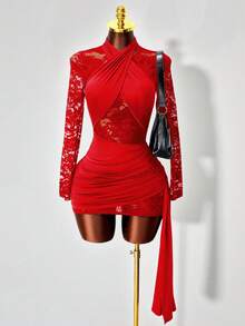 New Women's Sheer Long Sleeve Bodycon Dress With Halter Neck And Solid Color Lace-Ups, Spring And Autumn - Putih - View 7