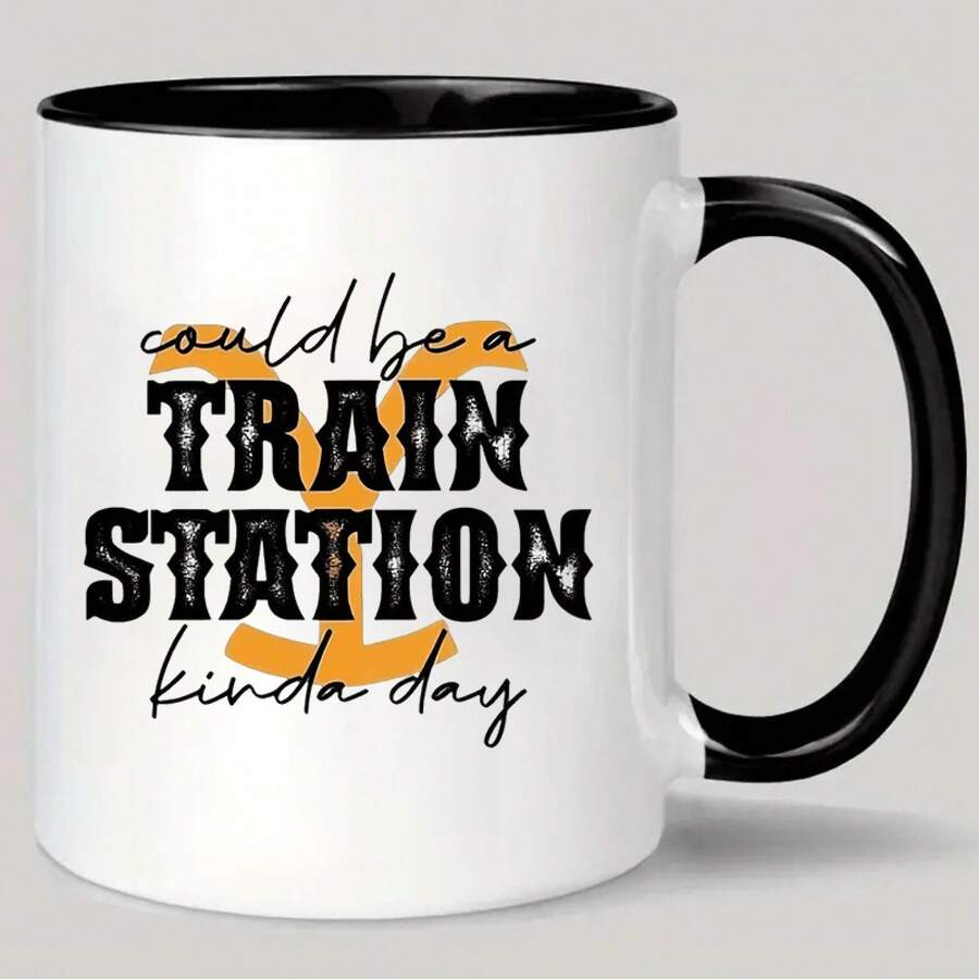 Nueva TAZA DE CAFÉ DE CERÁMICA DE 11oz ESTACIÓN DE TREN - Reutilizable, Aislada, Taza de Viaje, Lavar a Mano Solamente - Perfecta para Amantes del Café, Hombres y Mujeres, Taza en Blanco y Negro - Imagen 1 pieza - Ver 1