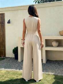 Summer Minimal Women's Wide Leg One Piece Jumpsuit,Gold Buckle Elastic Waist Sleeveless V-Neck For Wedding,Daily,Office,Weekend,Party,Beach,Vacations - Apricot - View 5