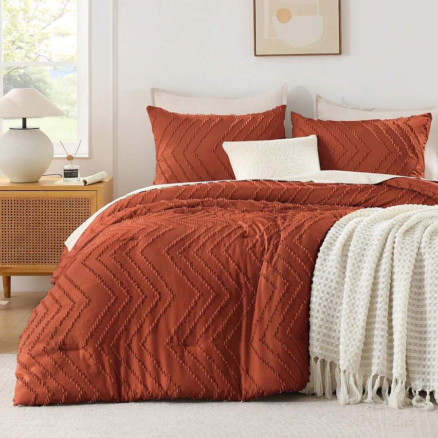 Andency - Queen Size Comforter Set For Queen Bed, Bohemian, Soft, Warm, Tufted And Design, Neutral Tone, Aesthetic, Rustic, Beautiful, Textured, 3 Pieces, Beige/Cream - Terracotta - View 1