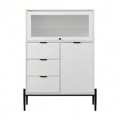 Three-Drawer Sideboard With One Door And One Glass Door, Wooden Cabinet With Storage Space For Kitchen, Dining Room, Entryway, 85 X 40 X 120 Cm