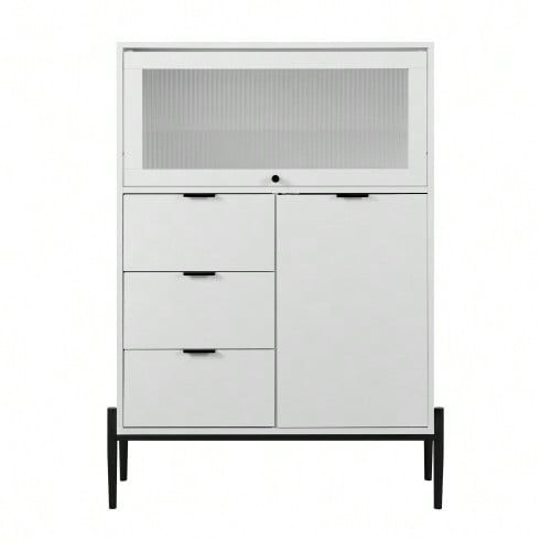 Three-Drawer Sideboard With One Door And One Glass Door, Wooden Cabinet With Storage Space For Kitchen, Dining Room, Entryway, 85 X 40 X 120 Cm