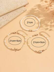 3pcs/Set Vacation Ocean Style Small Fish Starfish Shell Decor With Gold White Rice Bead Fashion Versatile Anklet Women's Foot Jewelry Suitable For Summer Beach Outings And Daily Wear, Rice Bead Color And Size Are Random And Not Fixed - Multicolor - View 4