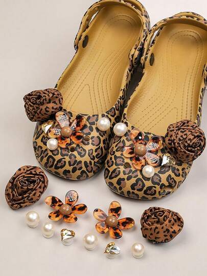 Vintage Leopard Print Rose Flower Clog Shoe Charms, Fabric Rose Heart Rhinestone Pearl Resin Shoe Flower Set
