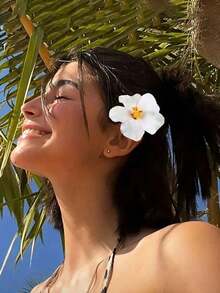 3 piezas de pinzas para el cabello con flores de plumeria y hibisco hawaiano, pinzas para el cabello con flores artificiales tropicales, adecuadas para vacaciones en la playa, fiestas de verano, bodas y regalos - Blanco - Ver 4