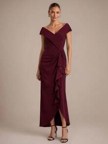 EVERPRETTY Women's Elegant Noble Asymmetric Ruffle V-Neck Mermaid Midi Formal Evening Gown, Autumn Wedding Guest Dress, Suitable For Evening Party Wedding - Burgundy - View 4