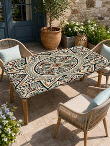 1pc-Elastic Fitted Spandex Tablecloth, Mediterranean Tile Stretch Table Cover With Blue Orange Mandala Print, Wrinkle Resistant Soft Tablecloth For Round And Rectangular Tables, Patio Dining And Outdoor Party Decor - Multicolor - View 6