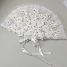 1 pieza Abanico plegable elegante de mujer con flor artificial blanca y encaje, abanico de mano para boda, novia y dama de honor, abanico de baile para festival y actuación - Ventilador hecho a mano - Ver 7