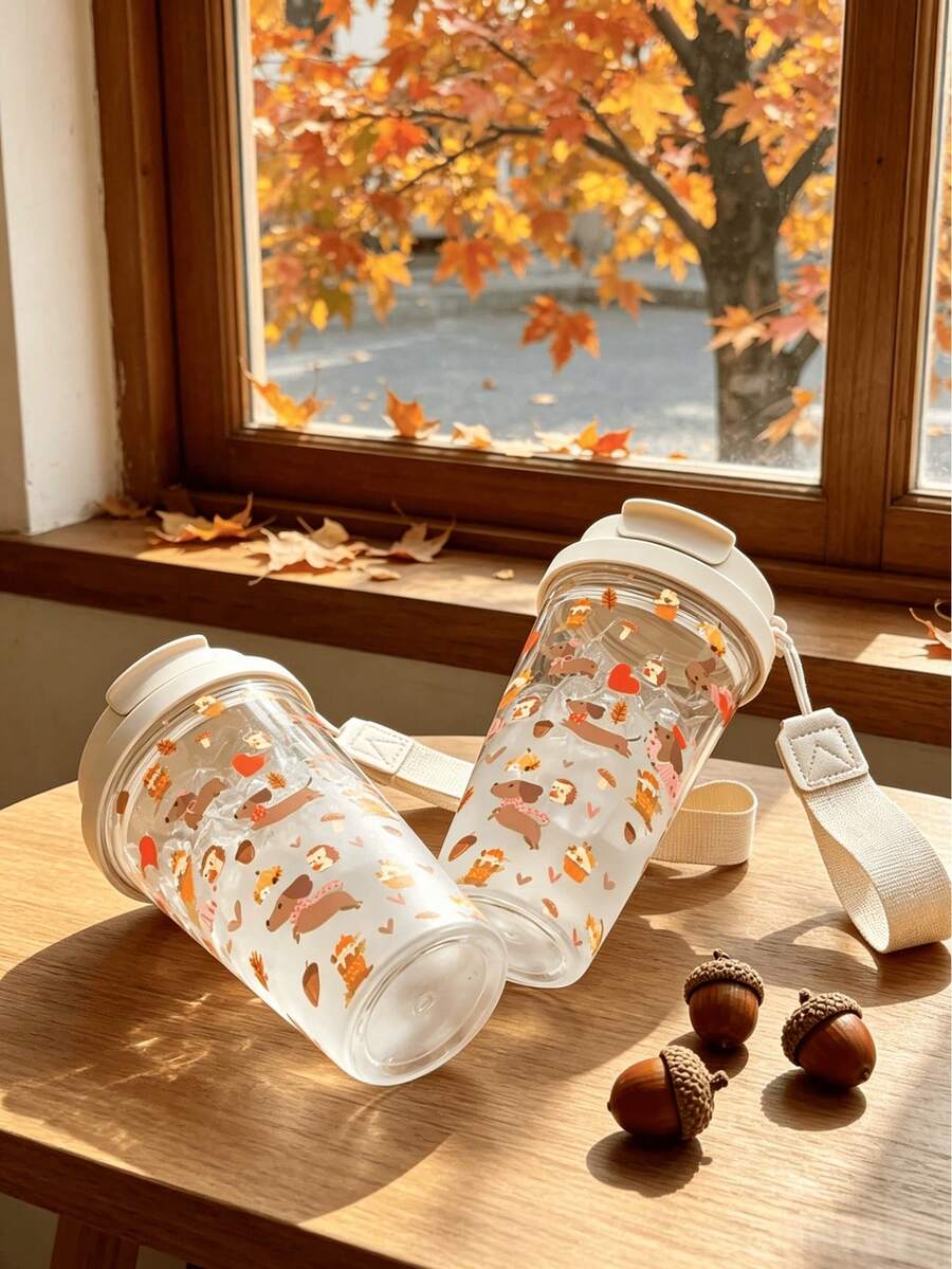 1pc/5pcs 500ml Autumn Dachshund Hedgehog Theme Insulated Cup, 500ml Plastic Cup With Straw And Lanyard, Leak-Proof Flip Lid, Cold Brew Hot Drink Iced Coffee Water Cup, Suitable For Dog Lovers Daily Use - Multi-color - Diverse Dachshunds - View 1
