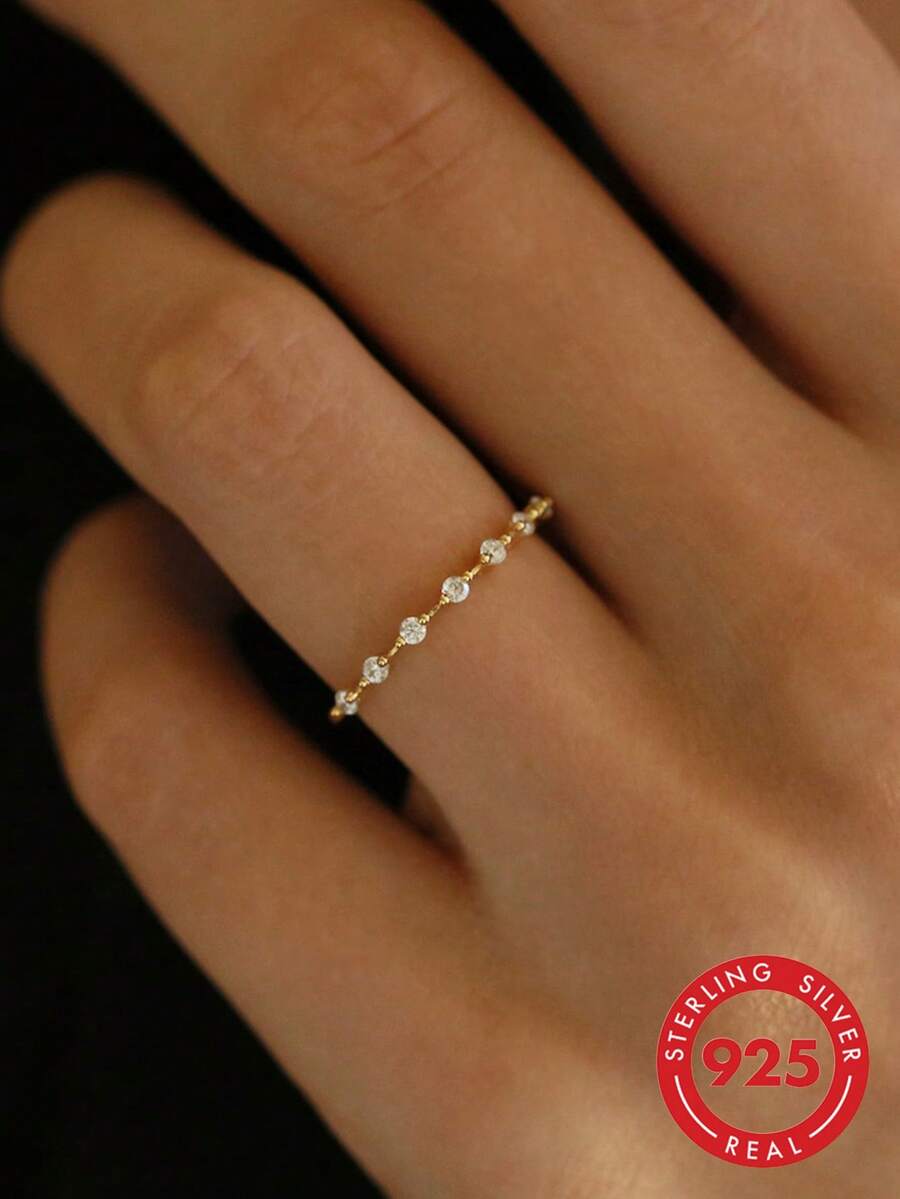 1 pieza Anillo de plata de ley S925 de alta gama con circonita fina, estilo minimalista de moda, regalo para mujeres/novia - Dorado - Ver 1
