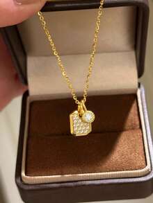 Shescity 1pc Copper Inlaid Zirconia Exquisite Luxury Sparkling Square Perfume Bottle Necklace - Gold - View 3